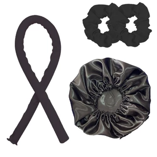 KIT 4 Peças Com Modelador de Cachos Heatless em Cetim + 2 Xuxinha Cetim + Touca Dupla Face - Protege e Define - WL em Oferta na Shopee