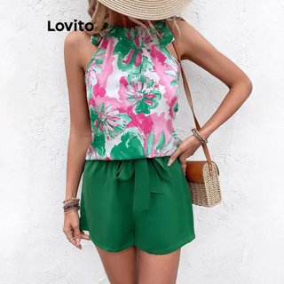 Lovito Conjuntos de shorts femininos Boho Tropical com cadarço e cinto LNL77356
