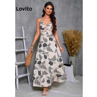 Lovito Vestido casual com zíper e nó de plantas para mulheres LBL17350
