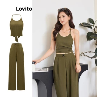 Lovito Conjuntos de calças plissadas Boho Plain Bow Back para mulheres L91AD052