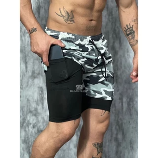 Short 2 em 1 CAMUFLADO Bermuda Compressão Academia Treino Corrida Com Elastano