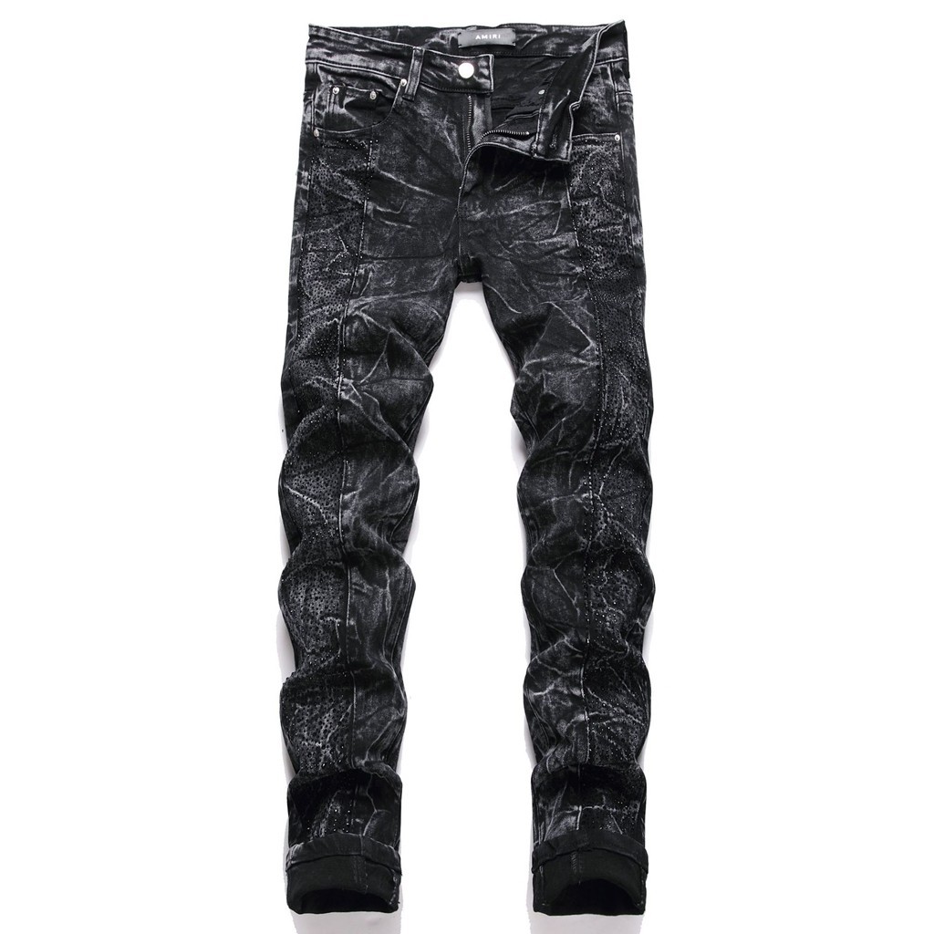 Novo Estilo de Estoque Pronto para Estilo AMIRI Marca Slim-fit Stretch Black Stitching Diamond-studded Pés Pequenos Masculinos Denim T