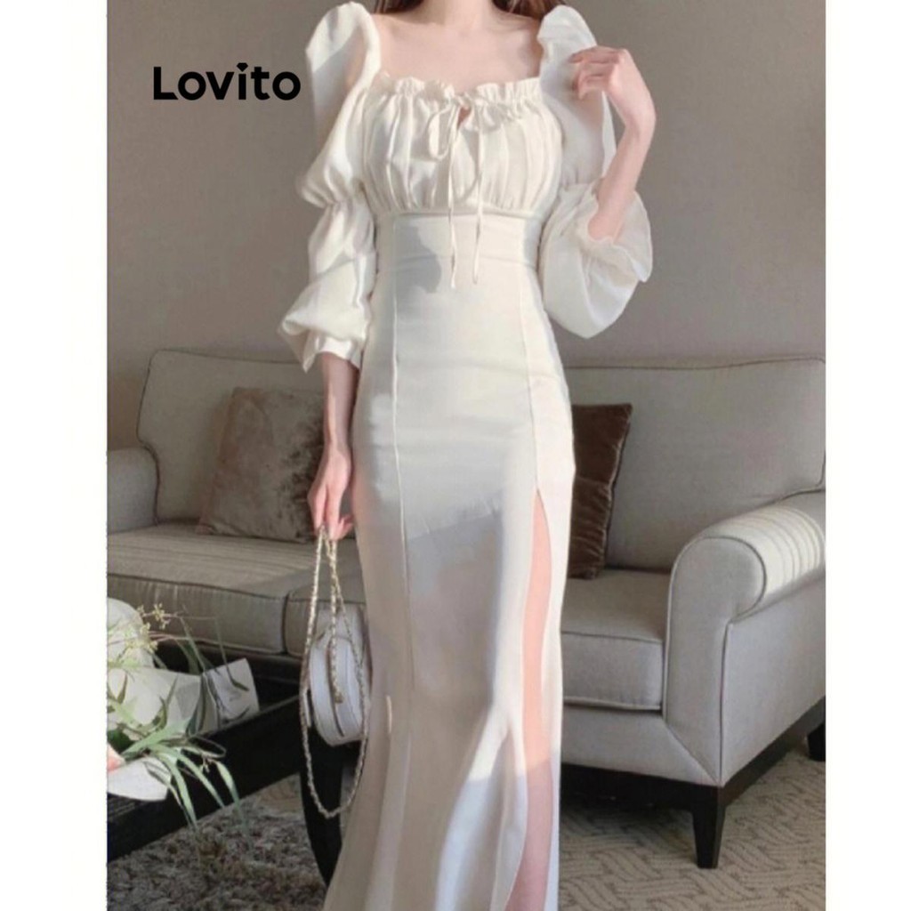 Lovito Elegante Vestido Feminino Liso Com Babado Amarra E Fenda Frontal