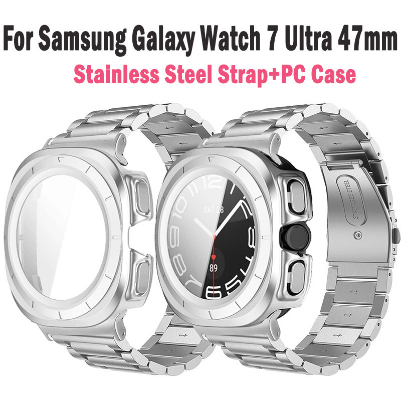 Cinta De Aço Inoxidável Para Samsung Galaxy Watch 7 Ultra 47mm 7ultra 47mm Tampa Protetora PC + Tempered Glass Film