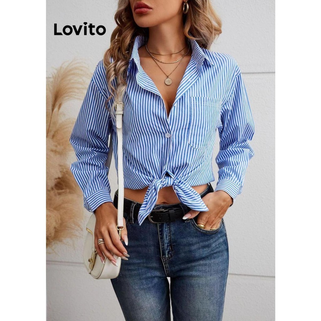 Lovito Blusa colorblock elegante com botões listrados para mulheres LNL60043