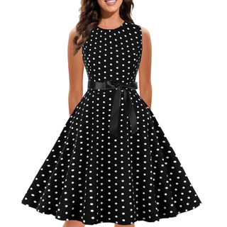 Retro Polka Dot Dot Sleeveless Round Neck Vestido de festa Casual com comprimento de joelho