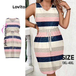 Lovito Vestido plus size casual listrado com renda para mulheres LBL16478