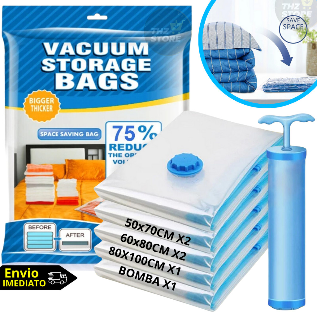 Kit 5 Saco a Vacuo para Roupas Edredom + Bomba Sucção Organizador Mala ...