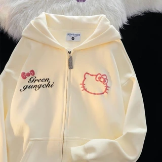 American High Street Hello Kitty Estampa Suéter Com Capuz E Zíper Feminino Primavera Outono Estudantes Jaqueta Solta De