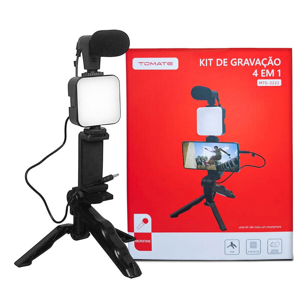 Kit Gravaçao 4 Em 1 Com Microfone, Led, Suporte Celular