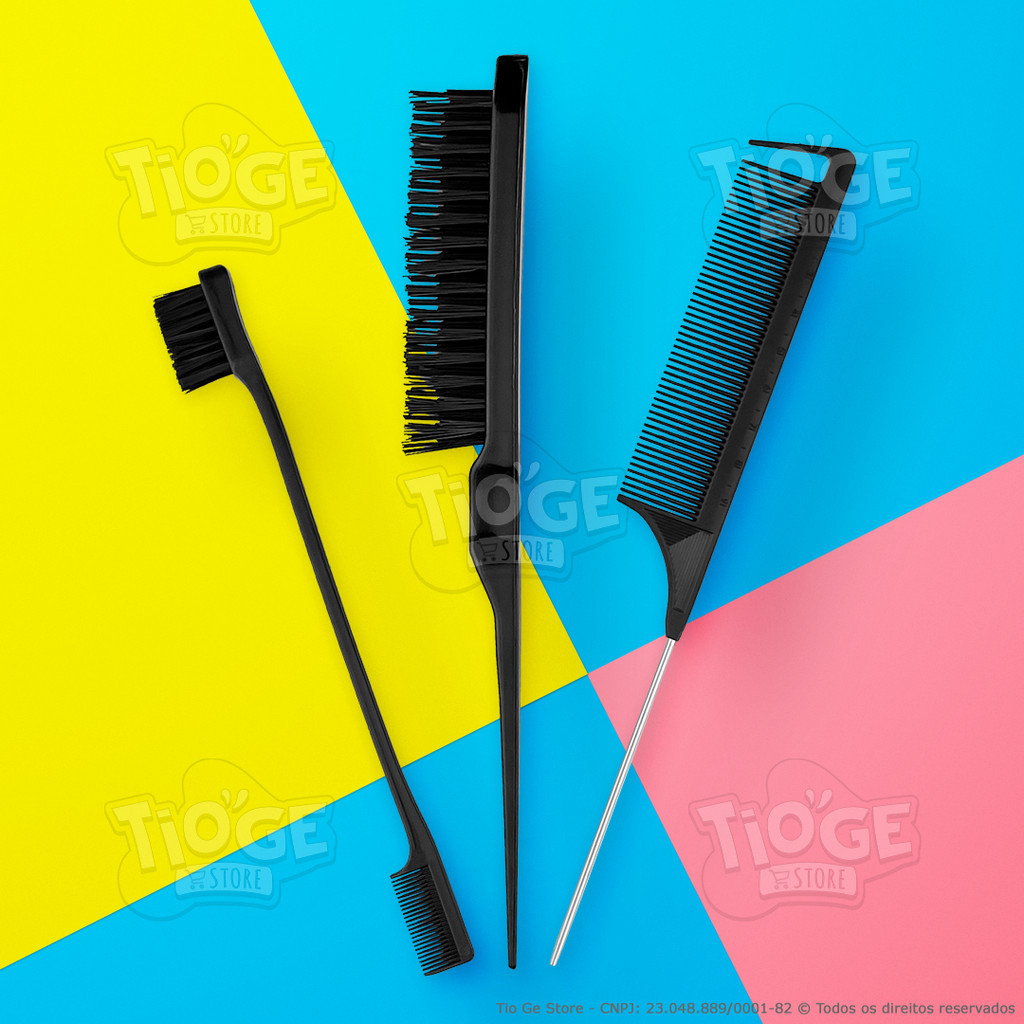 Kit 3 Peças Penteado 1 Escova Fina Coque 1 Pente Cabo Fino Metal 1 Pente Escova Baby Hair Cabelo Sobrancelha Preto