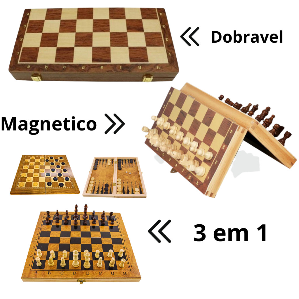 Jogo de Dama Gamão Xadrez 3 EM 1 Tabuleiro Profissional Magnetico ...