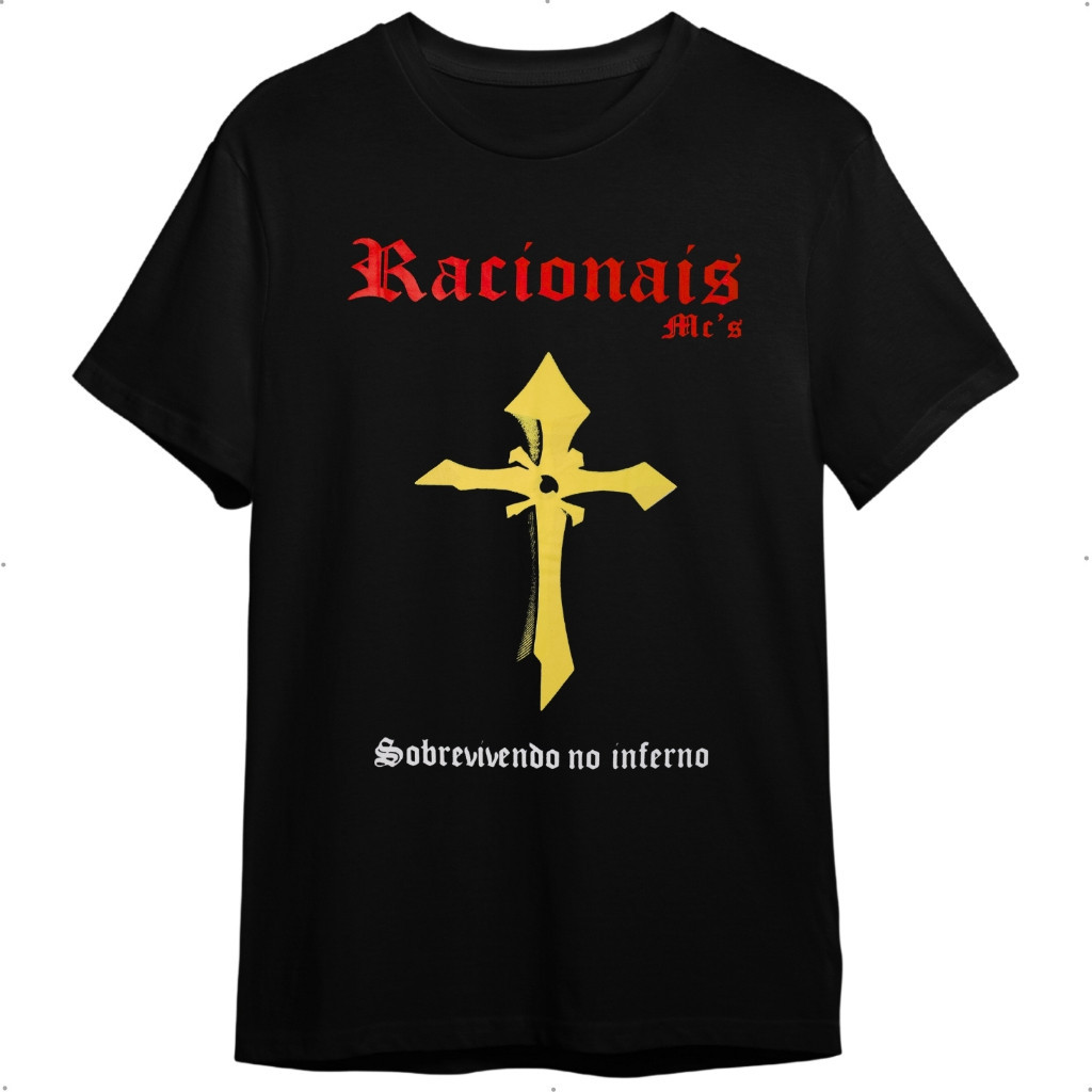 Camiseta Racionais Sobrevivendo No Inferno Preta Banda De Rock Masculina E Feminina (Unissex) 100% Algodão Tamanho Plus G1 G2 G3 Camisa Blusa Infantil Adulto