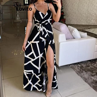 Lovito Vestido Boho Geométrico com Frente Dividida para Mulheres LNL73075