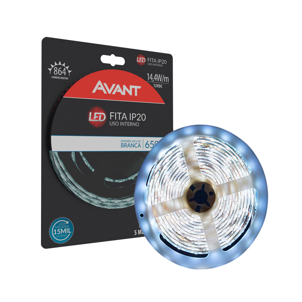 Fita Led Interna 14,4w 5m 3000K 12V + Transformador Avant