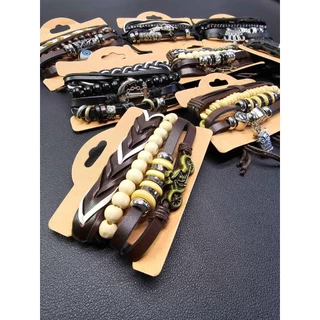 Kit com 6 Pulseiras Masculinas: Estilo Multicamada em Couro Trançado