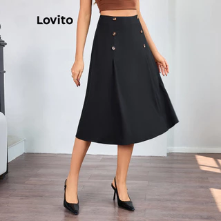 Lovito Saia elegante lisa com botão duplo para mulheres LBL16020