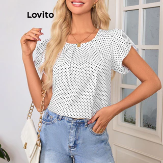 Lovito Blusa elegante com bolinhas e manga pétala plissada para mulheres LBL16511