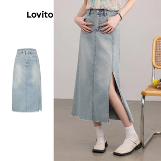 Lovito Saia jeans casual lisa lavada com fenda frontal para mulheres L100MD277