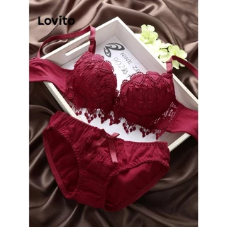 Lovito Conjunto de calcinha sexy de renda lisa para mulheres LNL73439