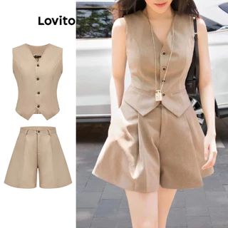 Lovito Conjuntos de shorts Boho simples com bolso e botão para mulheres L92MD904