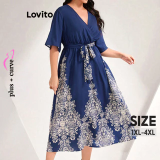 Lovito Plus Size Curve Elegante Ditsy Floral Lace Up Vestido Estampado para Mulheres LNL79089