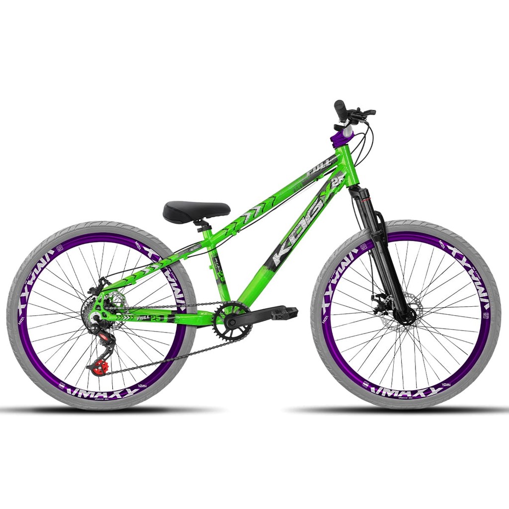 Bicicleta aro 26 KOG Freeride 1x7 Verde Vmaxx Roxo - Pneus Cinza