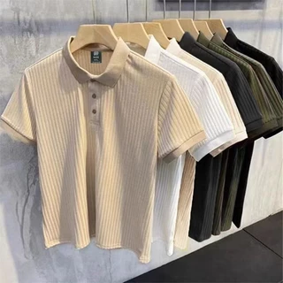 2024 Summer Soft Waxy Pit Stripes Summer Soft Waxy Pit Stripes Ice Silk Lapela Camisa de manga curta Homens Confortáveis Camiseta de Verão Respiração de Verão