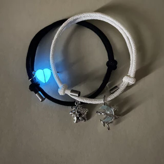 Luminoso Coração de Pêssego Moda Estrela Estrela Única Lua Tecida à mão Pulseira de Casal Magnético