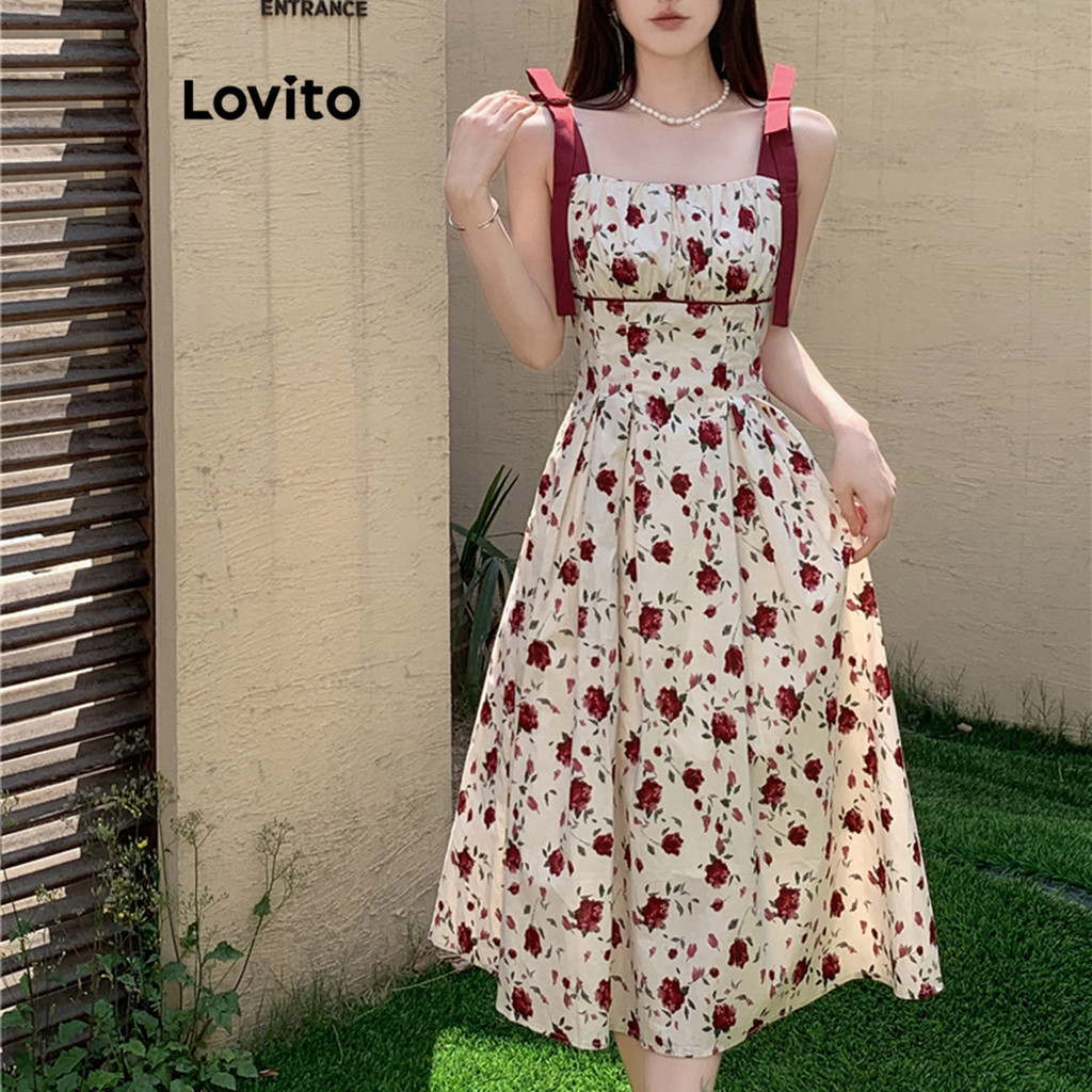 Lovito Vestido Casual Ditsy Floral Colorblock Com Cadarço E Flores
