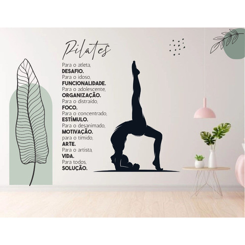 Adesivo Parede Pilates Joseph Frase Silhueta Boho Folha Pb32 exercícios corpo cura folhas folhagem