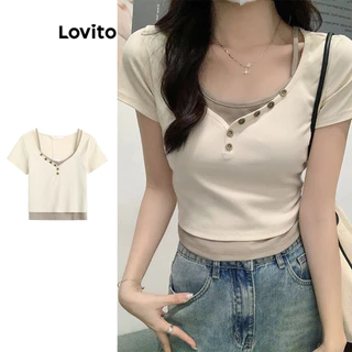 Lovito Camiseta casual lisa falsa 2 em 1 botão para mulheres LNE73570