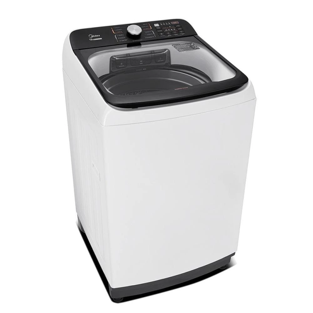 Vista lateral lavadora de roupas Midea 15Kg branca e preta