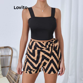 Lovito Conjuntos casuais de shorts com laço geométrico plissado para mulheres LBL16392