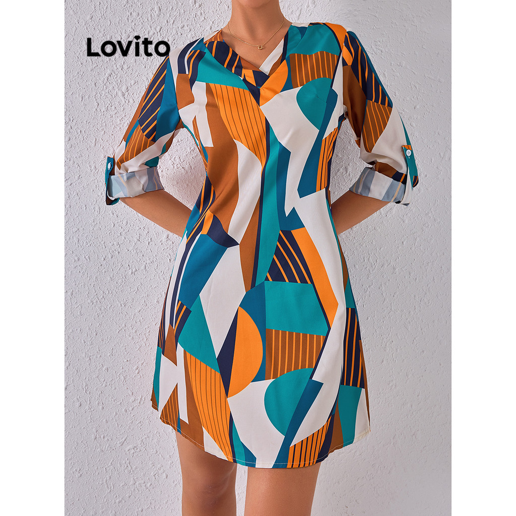 Lovito Vestido elegante com frente dividida geométrica para mulheres LBL14352