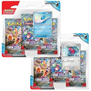 BLISTER TRIPLO POKÉMON COROA ESTELAR EV7 HORSEA OU PORYGON 2 ESCARLATE E VIOLETA COPAG 19 CARTAS TCG