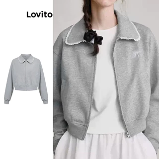 Lovito Jaqueta de bolso com gola contrastante lisa e fofa para mulheres L102AD427