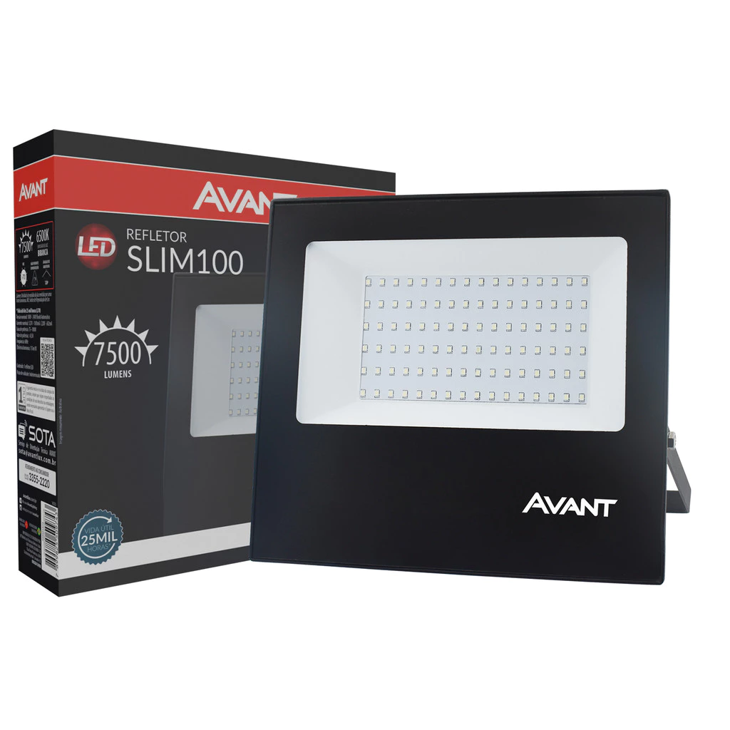 Refletor Led Slim 100w 7500lm 6500k Bivolt IP65 Avant