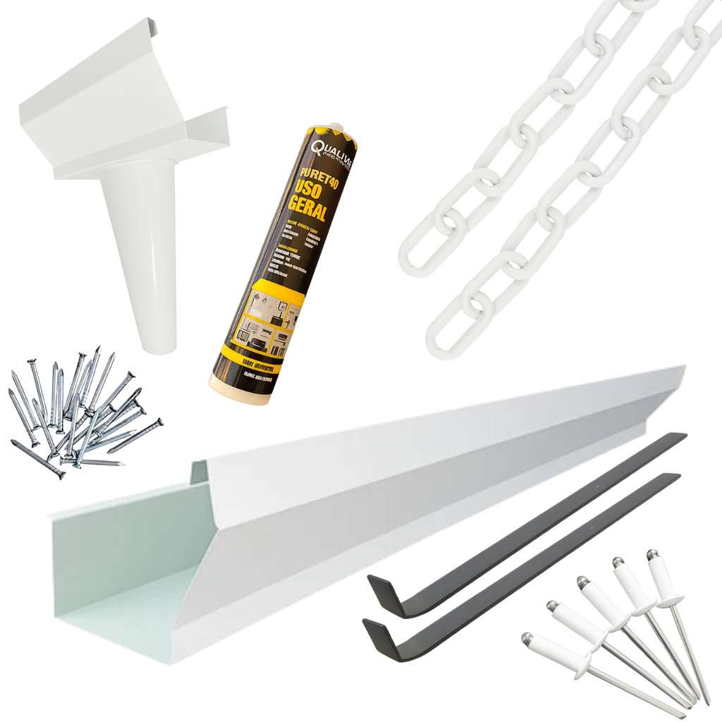 Kit Calha Beiral Galv. Branca c/ Suportes, Rebite, Prego, Cola PU ...
