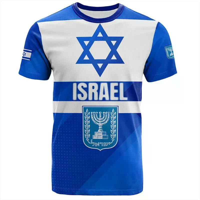 Camiseta Masculina Com Bandeira De Israel Estampa 3D Emblema 