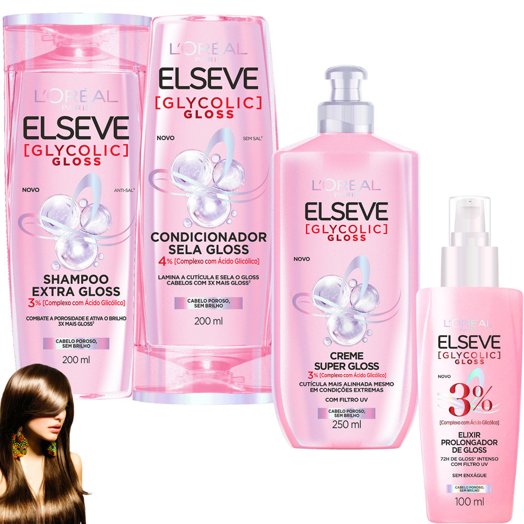 Kit Elseve Glycolic Ultra Gloss Elixir Creme de Pentear Ácido Glicolico ...