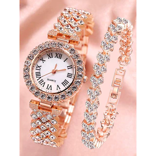 2pcs Ladies Fashion Trend Starry Sky Números romanos de luxo Luz Luxo Pulseira de Luxo Pulseira de Diamante Completa Pulseira de Quartzo Relógio Love Heart Bracelet Set