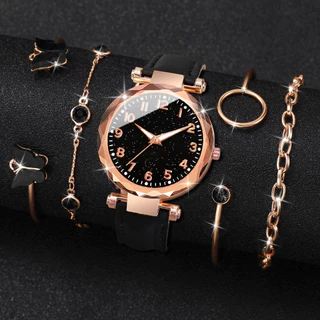 Balança Digital Fashion Digital Ladies Belt Quartz Watch + Conjunto de Pulseiras Butterfly