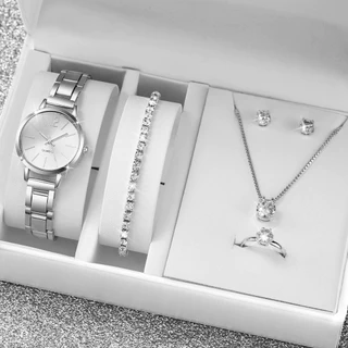 Fashion Ladies Small Watch Head Steel Band Quartz Watch+ Conjunto de Jóias Diamante (Sem Caixa)