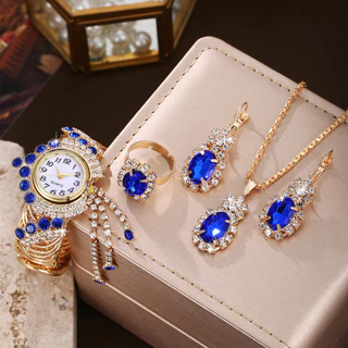 Um relógio de pulso feminino de luxo personalizado, pulseira de quartzo, moda moderna, diamante completo, relógio de festa de fim de ano, feminino + conjunto de 4 peças, conjunto de joias com gota d