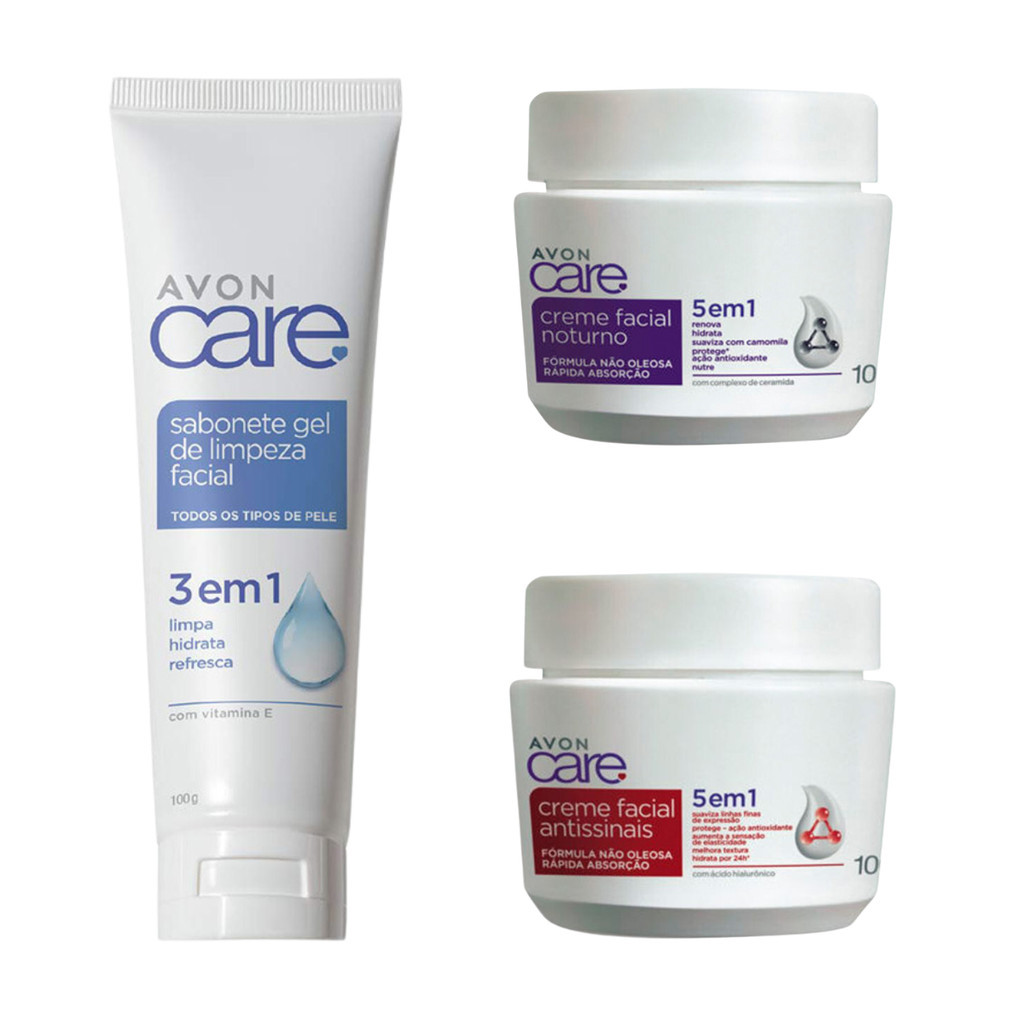 Kit Gel de Limpeza Facial+ 2 Cremes Facial Avon Care 5 em 1 A Escolher ...