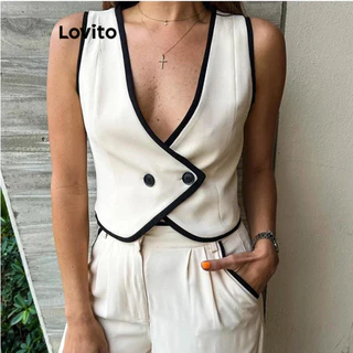 Lovito Conjuntos de calças casuais com contraste simples para mulheres LNL73165