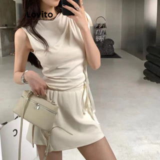 Lovito Conjuntos casuais de saia plissada lisa para mulheres LNE73285