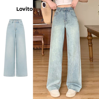 Lovito Jeans casual liso lavado com zíper de botão para mulheres L100MD278