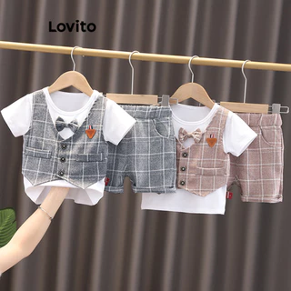 Lovito Conjuntos de shorts falsos 2 em 1 com laço xadrez preppy LNA80014